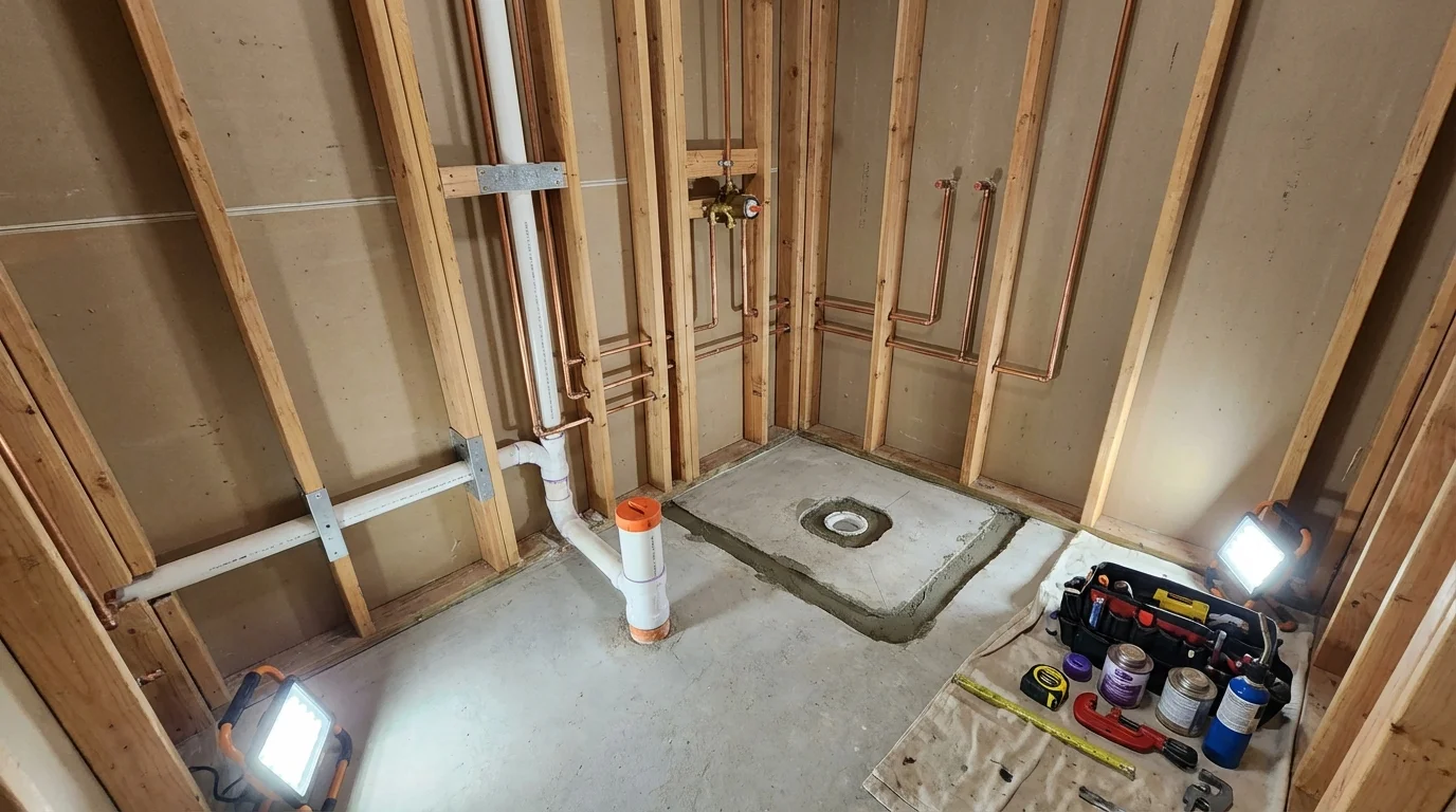 Bathroom rough-in plumbing during remodel by Johns Plumbing LLC in Alderson