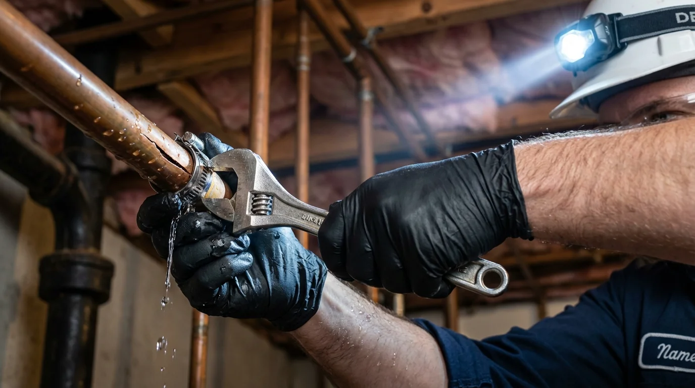 Emergency pipe clamp repair being performed by a Johns Plumbing LLC plumber in Alderson